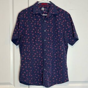 Nicoby Navy Blue Red Lobster Print Short Sleeve Button Front Shirt M